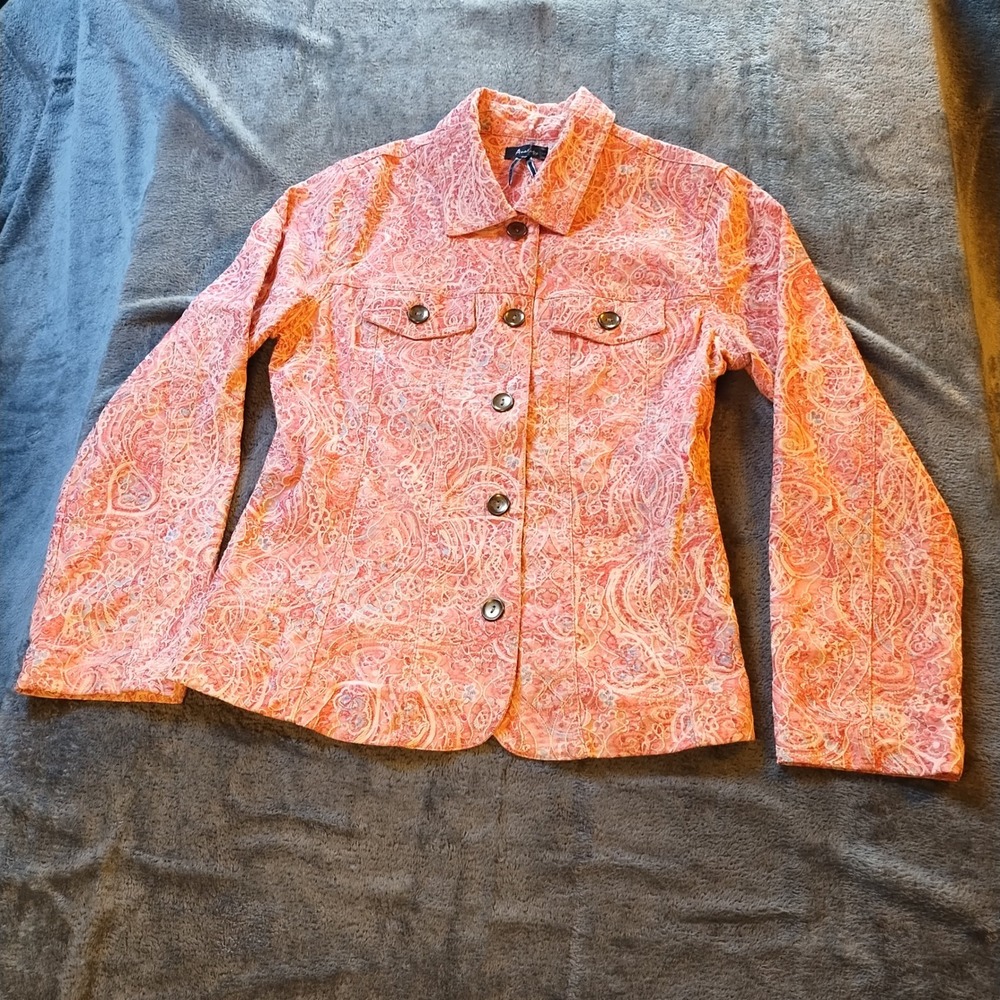 Analogy Pink Orange Paisley Textured Trucker Jacket Womens M Boho Light WT Y2K
